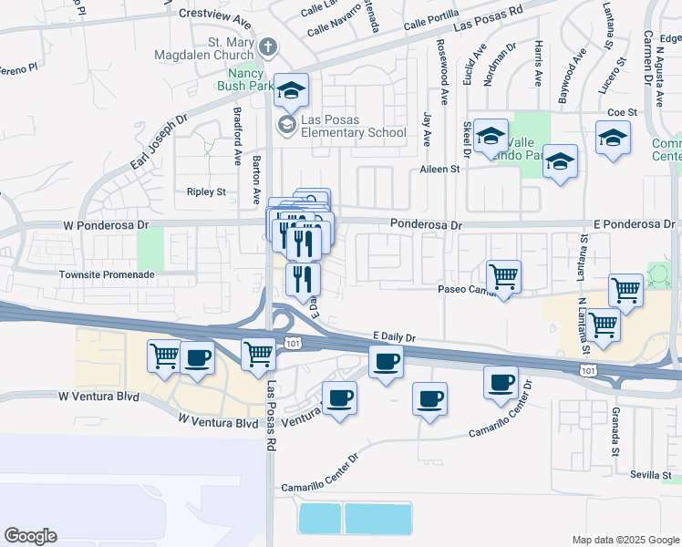 map of restaurants, bars, coffee shops, grocery stores, and more near 530 Calle La Roda in Camarillo