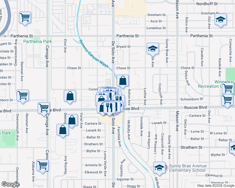 map of restaurants, bars, coffee shops, grocery stores, and more near 20840 Community Street in Los Angeles