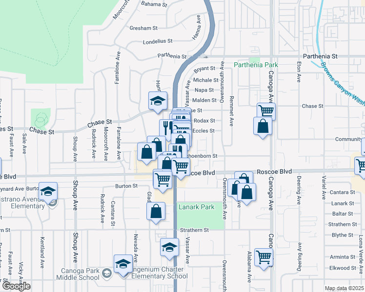 map of restaurants, bars, coffee shops, grocery stores, and more near 8360 Topanga Canyon Boulevard in Los Angeles