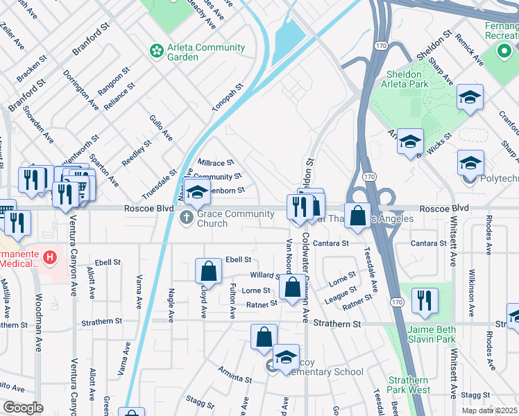 map of restaurants, bars, coffee shops, grocery stores, and more near Roscoe Blvd & Canterbury Ave in Los Angeles