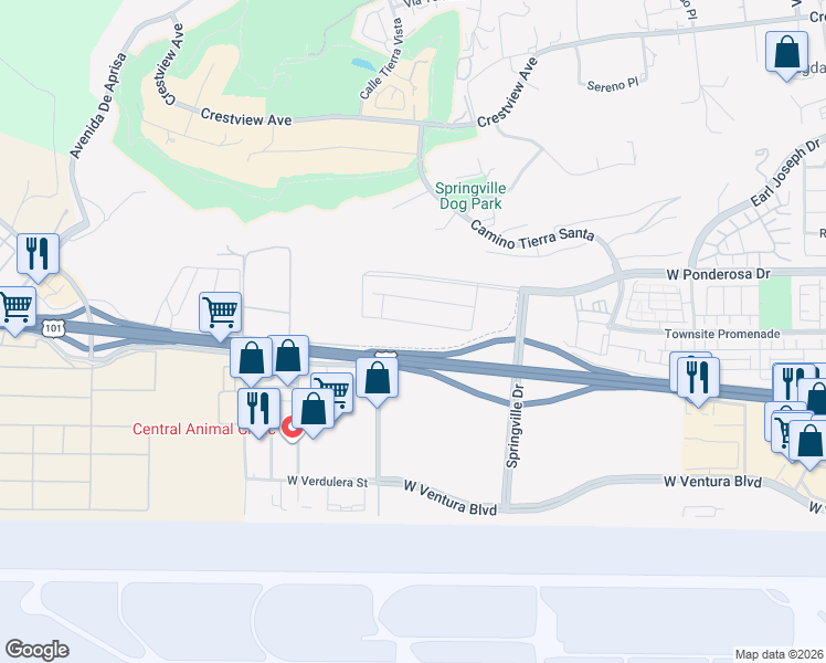 map of restaurants, bars, coffee shops, grocery stores, and more near 607 West Daily Drive in Camarillo