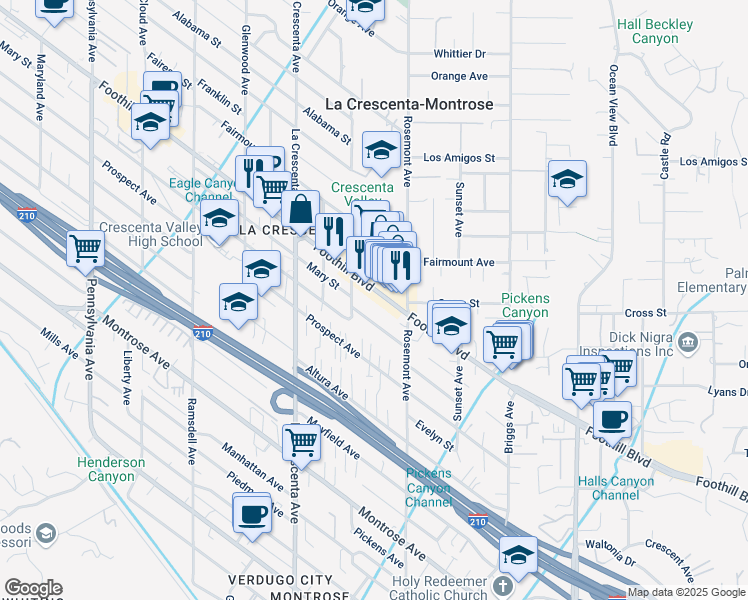 map of restaurants, bars, coffee shops, grocery stores, and more near 2633 Mary Street in La Crescenta-Montrose