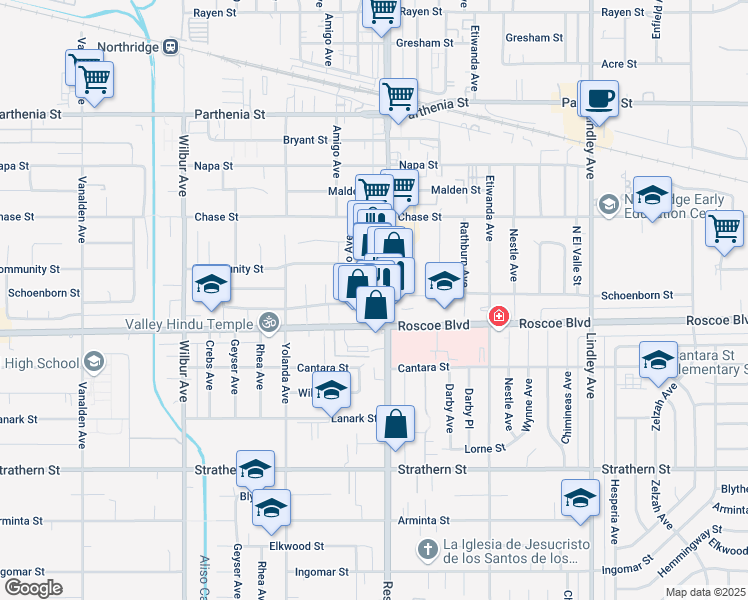 map of restaurants, bars, coffee shops, grocery stores, and more near 8304 Reseda Boulevard in Los Angeles