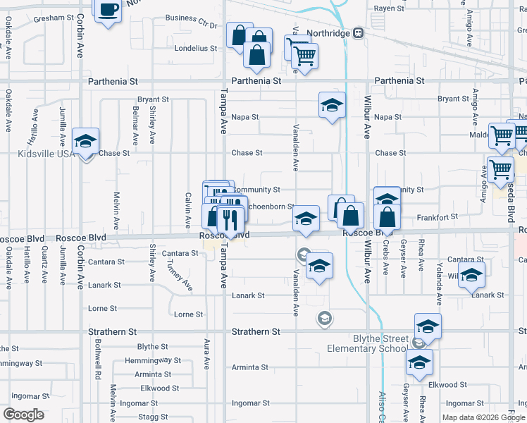 map of restaurants, bars, coffee shops, grocery stores, and more near 19158 Schoenborn Street in Los Angeles