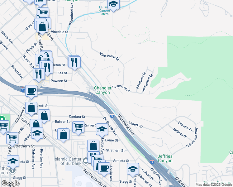map of restaurants, bars, coffee shops, grocery stores, and more near 8330 Outland View Drive in Los Angeles