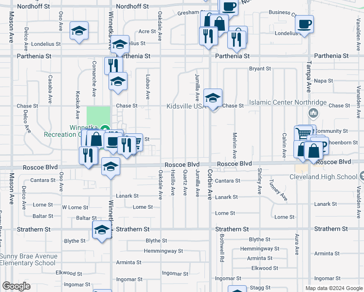 map of restaurants, bars, coffee shops, grocery stores, and more near 8351 Quartz Avenue in Los Angeles