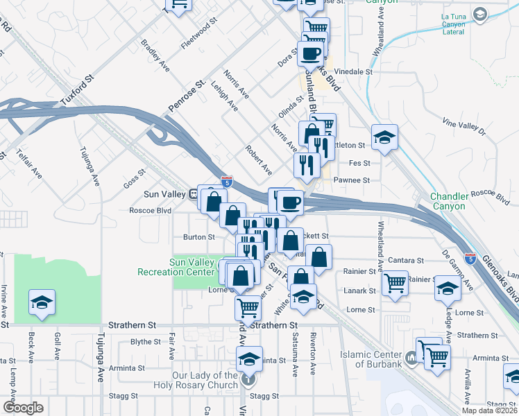 map of restaurants, bars, coffee shops, grocery stores, and more near 10946 Crockett Street in Los Angeles