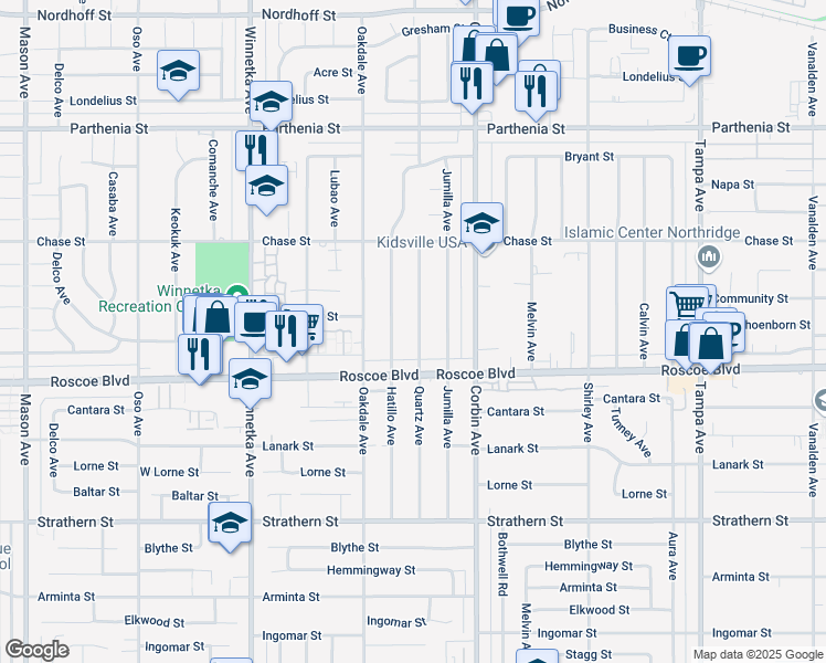 map of restaurants, bars, coffee shops, grocery stores, and more near 8351 Quartz Avenue in Los Angeles