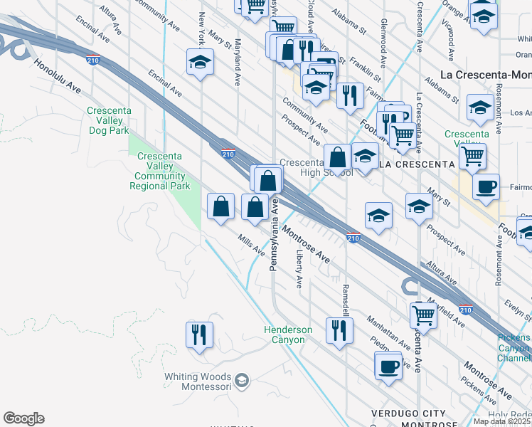 map of restaurants, bars, coffee shops, grocery stores, and more near 3216 Honolulu Avenue in Glendale