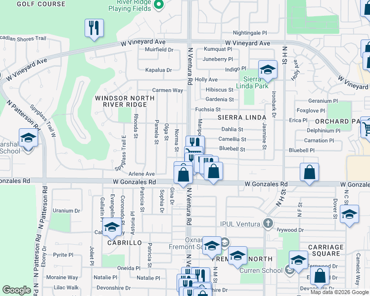 map of restaurants, bars, coffee shops, grocery stores, and more near 1990 North Ventura Road in Oxnard