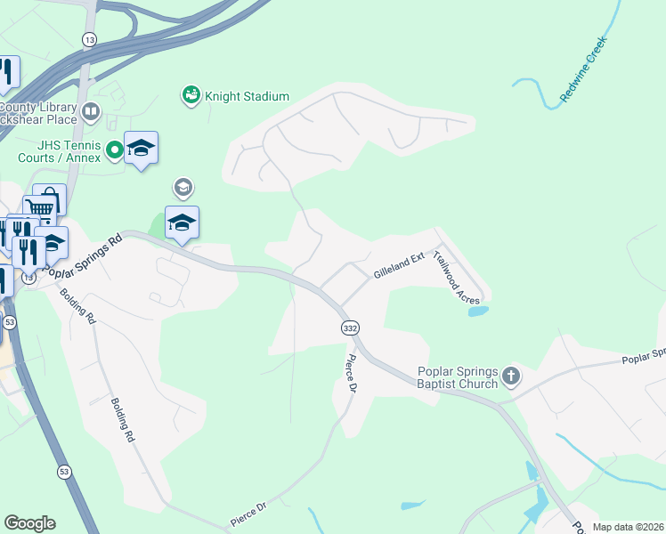 map of restaurants, bars, coffee shops, grocery stores, and more near 3433 Gilleland Circle in Gainesville