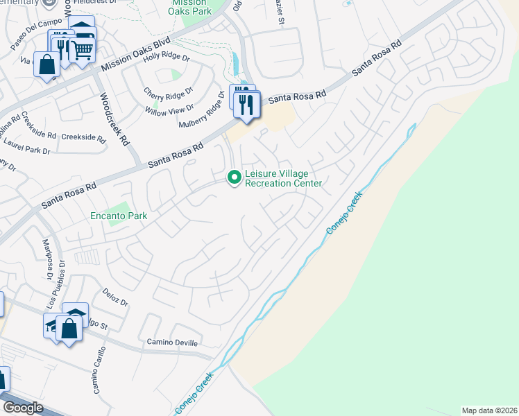 map of restaurants, bars, coffee shops, grocery stores, and more near 25121 Village 25 in Camarillo