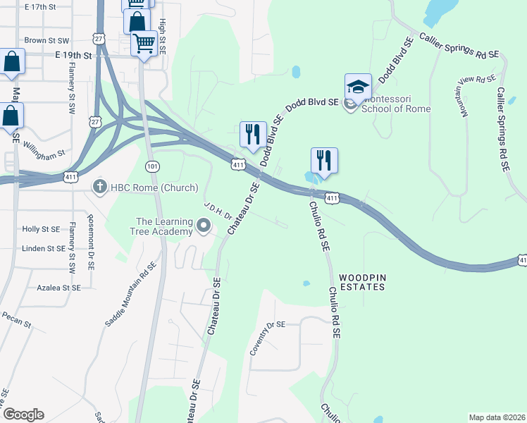 map of restaurants, bars, coffee shops, grocery stores, and more near 21 Chateau Drive Southeast in Rome