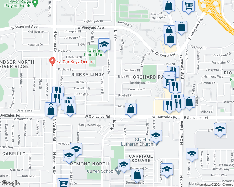 map of restaurants, bars, coffee shops, grocery stores, and more near 2024 North H Street in Oxnard