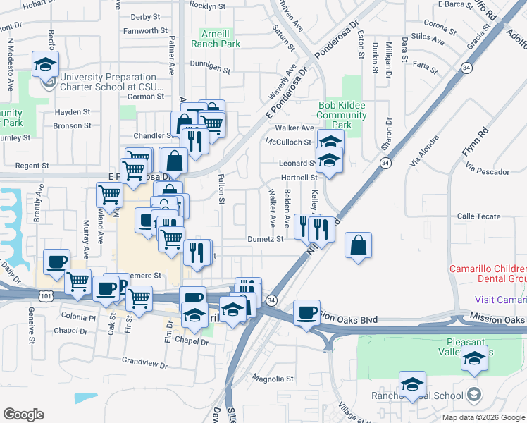 map of restaurants, bars, coffee shops, grocery stores, and more near 492 Graham Avenue in Camarillo