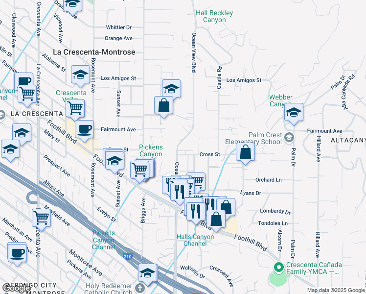 map of restaurants, bars, coffee shops, grocery stores, and more near 2270 Cross Street in La Cañada Flintridge