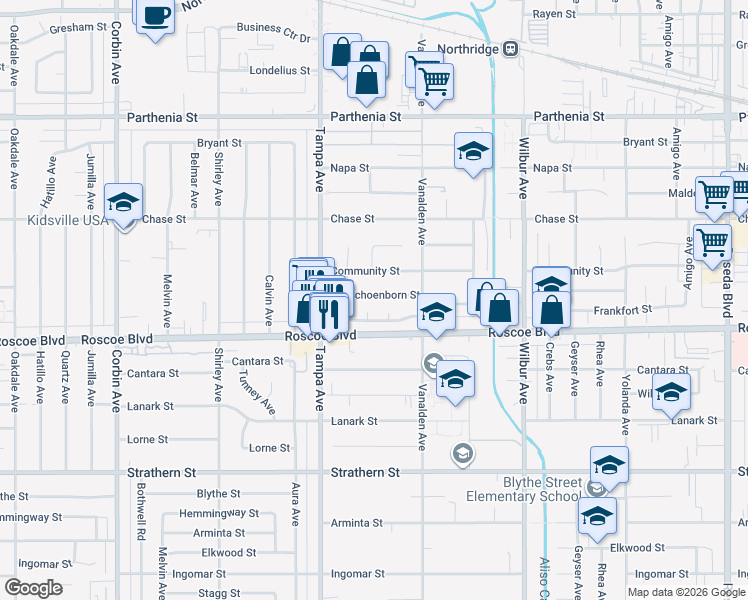 map of restaurants, bars, coffee shops, grocery stores, and more near 19158 Schoenborn Street in Los Angeles