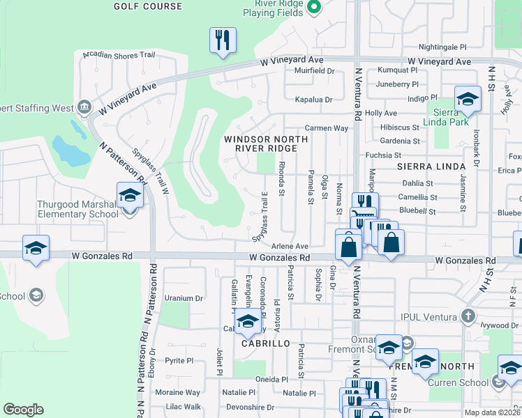 map of restaurants, bars, coffee shops, grocery stores, and more near 2101 Brook Hollow Court in Oxnard