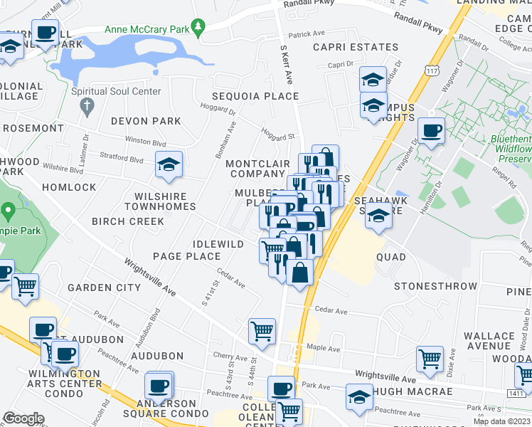 map of restaurants, bars, coffee shops, grocery stores, and more near 730 Varsity Drive in Wilmington