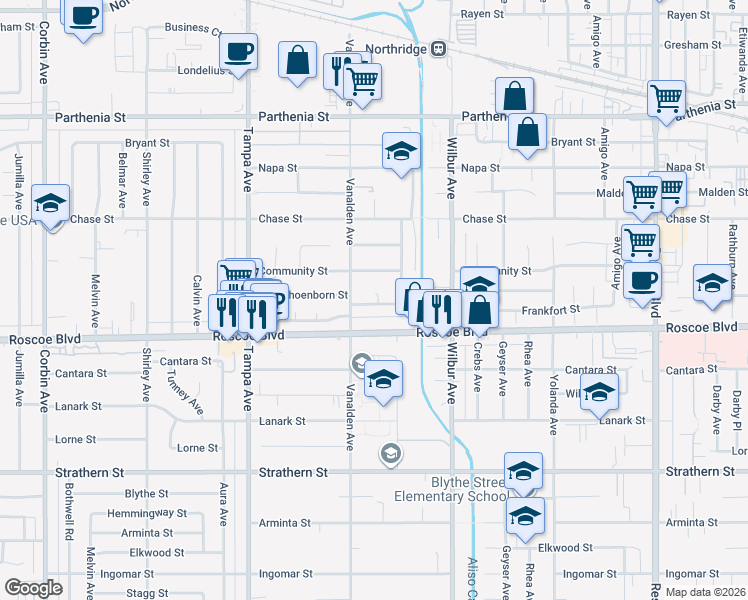 map of restaurants, bars, coffee shops, grocery stores, and more near 19031 Schoenborn Street in Los Angeles