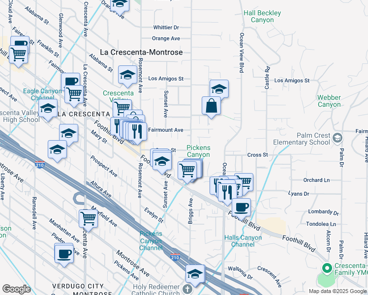 map of restaurants, bars, coffee shops, grocery stores, and more near 2411 Cross Street in La Crescenta-Montrose