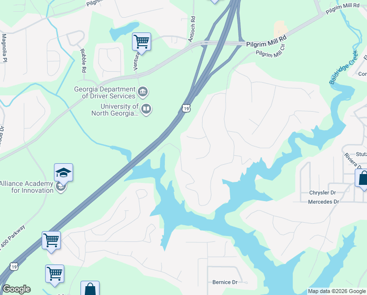 map of restaurants, bars, coffee shops, grocery stores, and more near 2580 Pilgrim Mill Circle in Cumming
