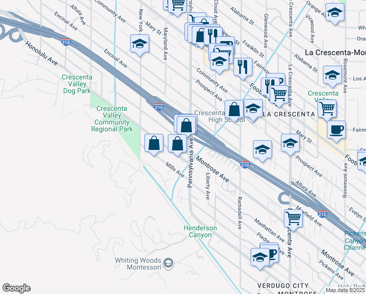 map of restaurants, bars, coffee shops, grocery stores, and more near 3225 Montrose Avenue in Glendale