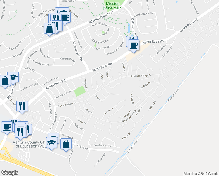 map of restaurants, bars, coffee shops, grocery stores, and more near 8106 Village 8 in Camarillo
