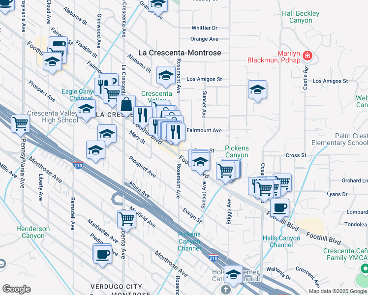 map of restaurants, bars, coffee shops, grocery stores, and more near 4532 Rosemont Avenue in La Crescenta-Montrose