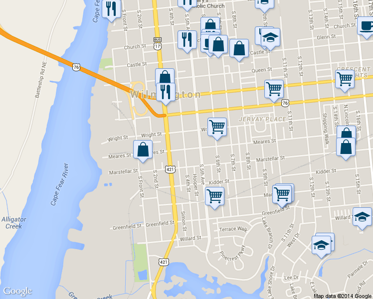 map of restaurants, bars, coffee shops, grocery stores, and more near 1007 South 4th Street in Wilmington