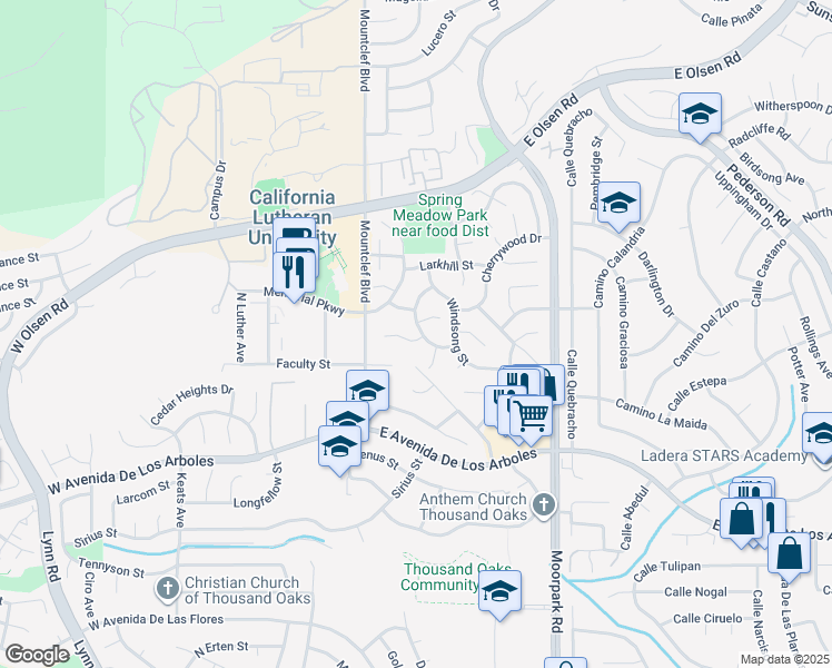 map of restaurants, bars, coffee shops, grocery stores, and more near 71 Del Ray Circle in Thousand Oaks