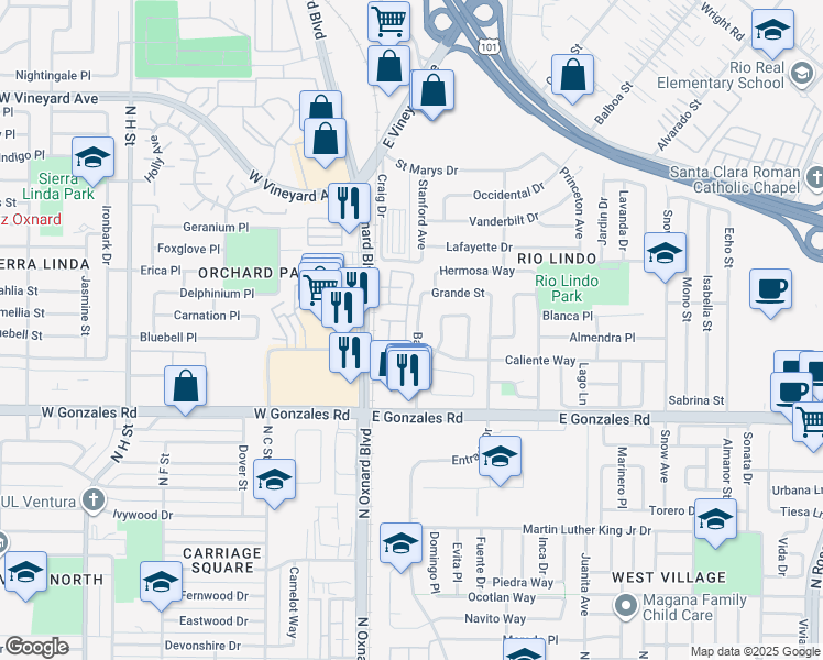 map of restaurants, bars, coffee shops, grocery stores, and more near 2064 Avila Place in Oxnard