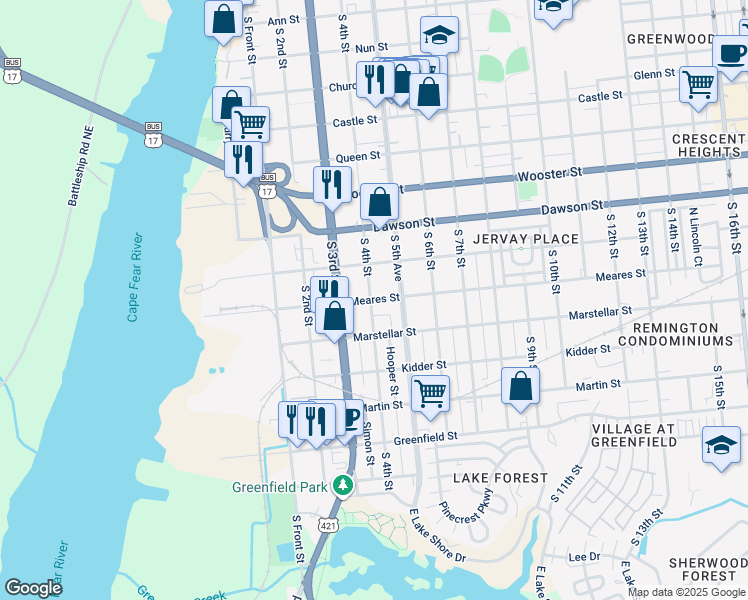 map of restaurants, bars, coffee shops, grocery stores, and more near 410 Meares Street in Wilmington