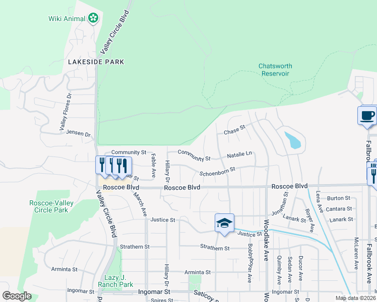 map of restaurants, bars, coffee shops, grocery stores, and more near 23523 Community Street in Los Angeles