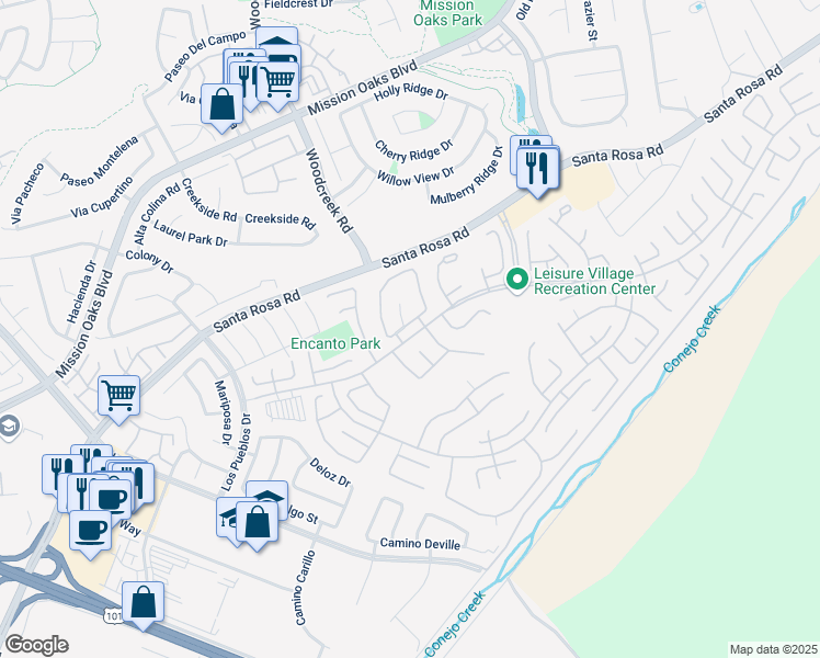 map of restaurants, bars, coffee shops, grocery stores, and more near 7408 Village 7 in Camarillo