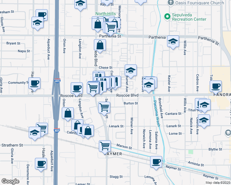 map of restaurants, bars, coffee shops, grocery stores, and more near 8340 Columbus Avenue in Los Angeles