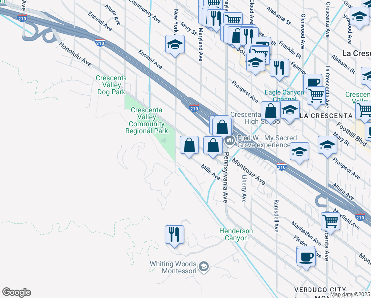 map of restaurants, bars, coffee shops, grocery stores, and more near 3345 Mills Avenue in Glendale