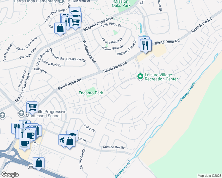 map of restaurants, bars, coffee shops, grocery stores, and more near 7208 Village 7 in Camarillo