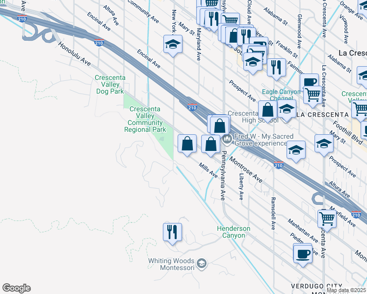 map of restaurants, bars, coffee shops, grocery stores, and more near 3345 Mills Avenue in Glendale