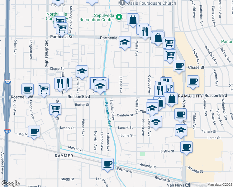 map of restaurants, bars, coffee shops, grocery stores, and more near 8332 Saloma Avenue in Los Angeles