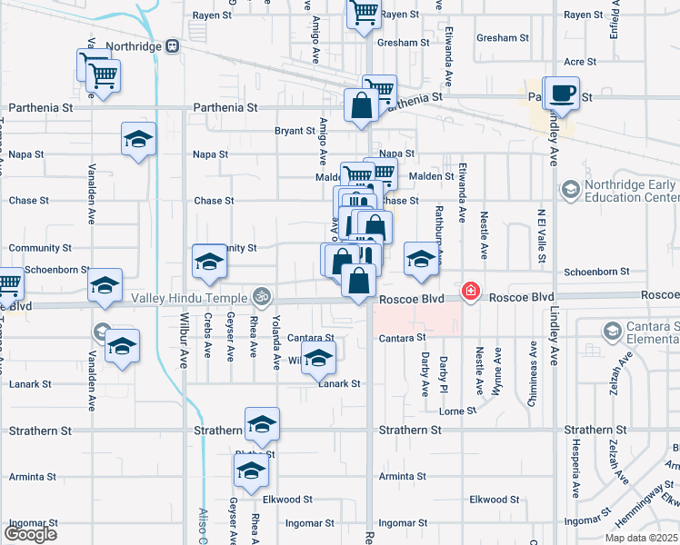 map of restaurants, bars, coffee shops, grocery stores, and more near 8356 Amigo Avenue in Los Angeles