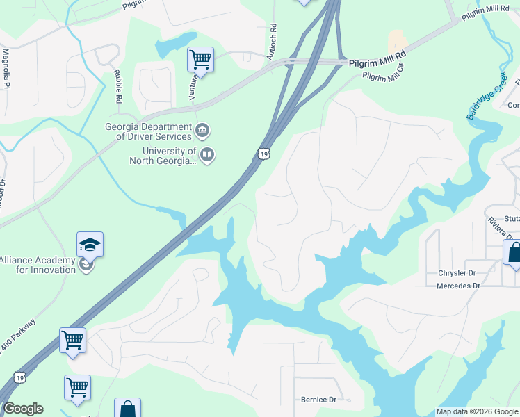 map of restaurants, bars, coffee shops, grocery stores, and more near 2580 Pilgrim Mill Circle in Cumming