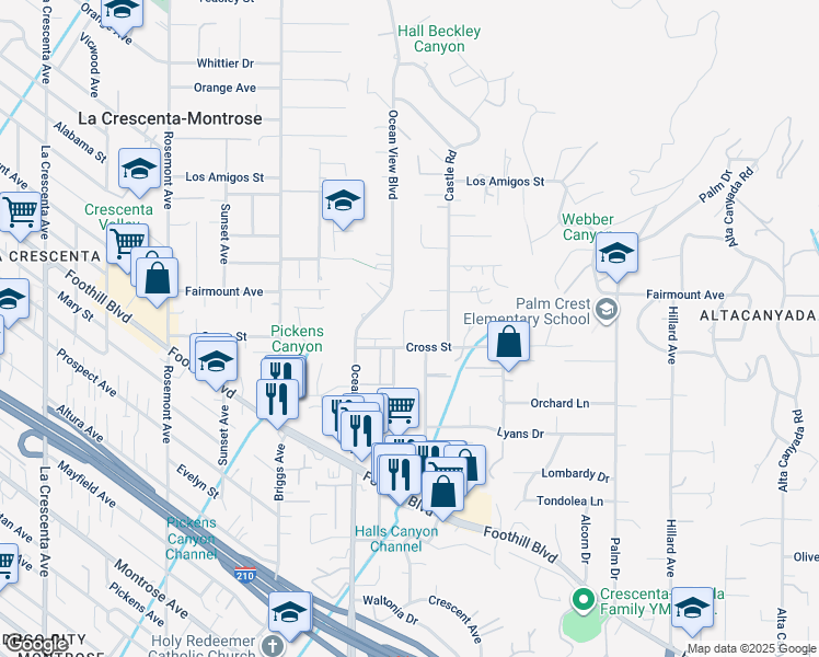 map of restaurants, bars, coffee shops, grocery stores, and more near 4818 Matley Road in La Cañada Flintridge