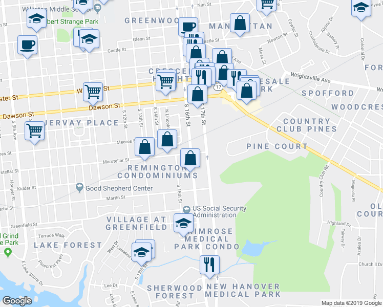 map of restaurants, bars, coffee shops, grocery stores, and more near 1601 Marstellar Street in Wilmington