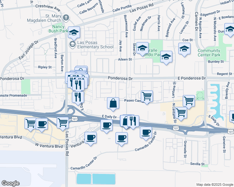 map of restaurants, bars, coffee shops, grocery stores, and more near 548 Paseo Lunar in Camarillo
