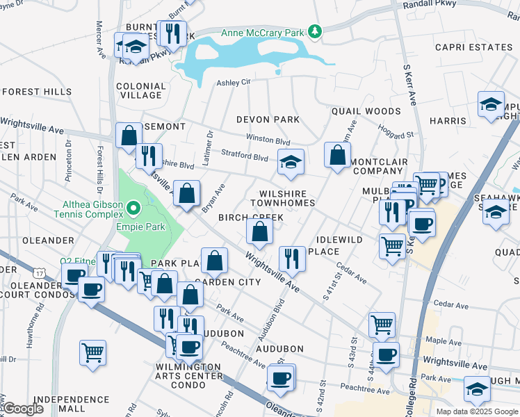 map of restaurants, bars, coffee shops, grocery stores, and more near 2049 Albert Circle in Wilmington