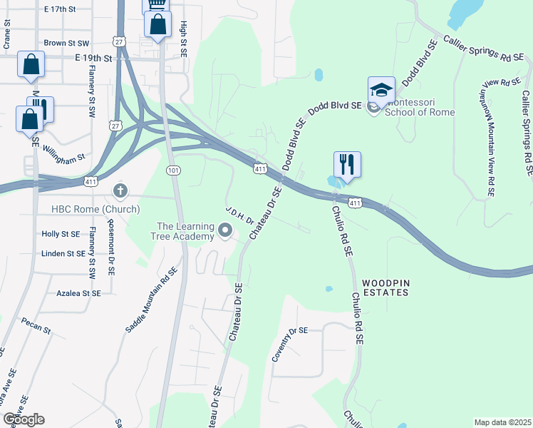map of restaurants, bars, coffee shops, grocery stores, and more near 99 Chateau Drive Southeast in Rome