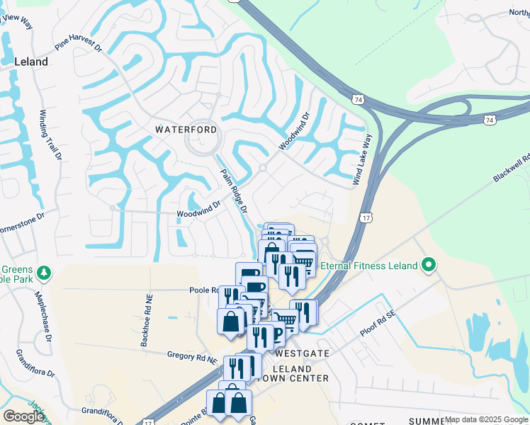 map of restaurants, bars, coffee shops, grocery stores, and more near 2029 Fanning Court in Leland