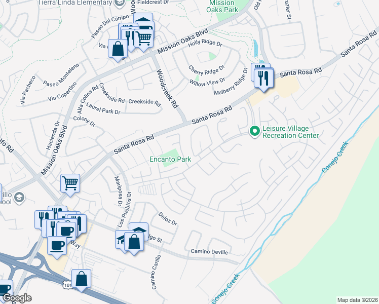 map of restaurants, bars, coffee shops, grocery stores, and more near 7115 Village 7 in Camarillo