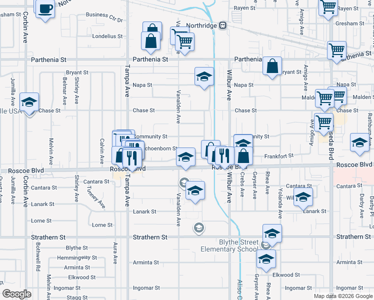 map of restaurants, bars, coffee shops, grocery stores, and more near 19041 Schoenborn Street in Los Angeles